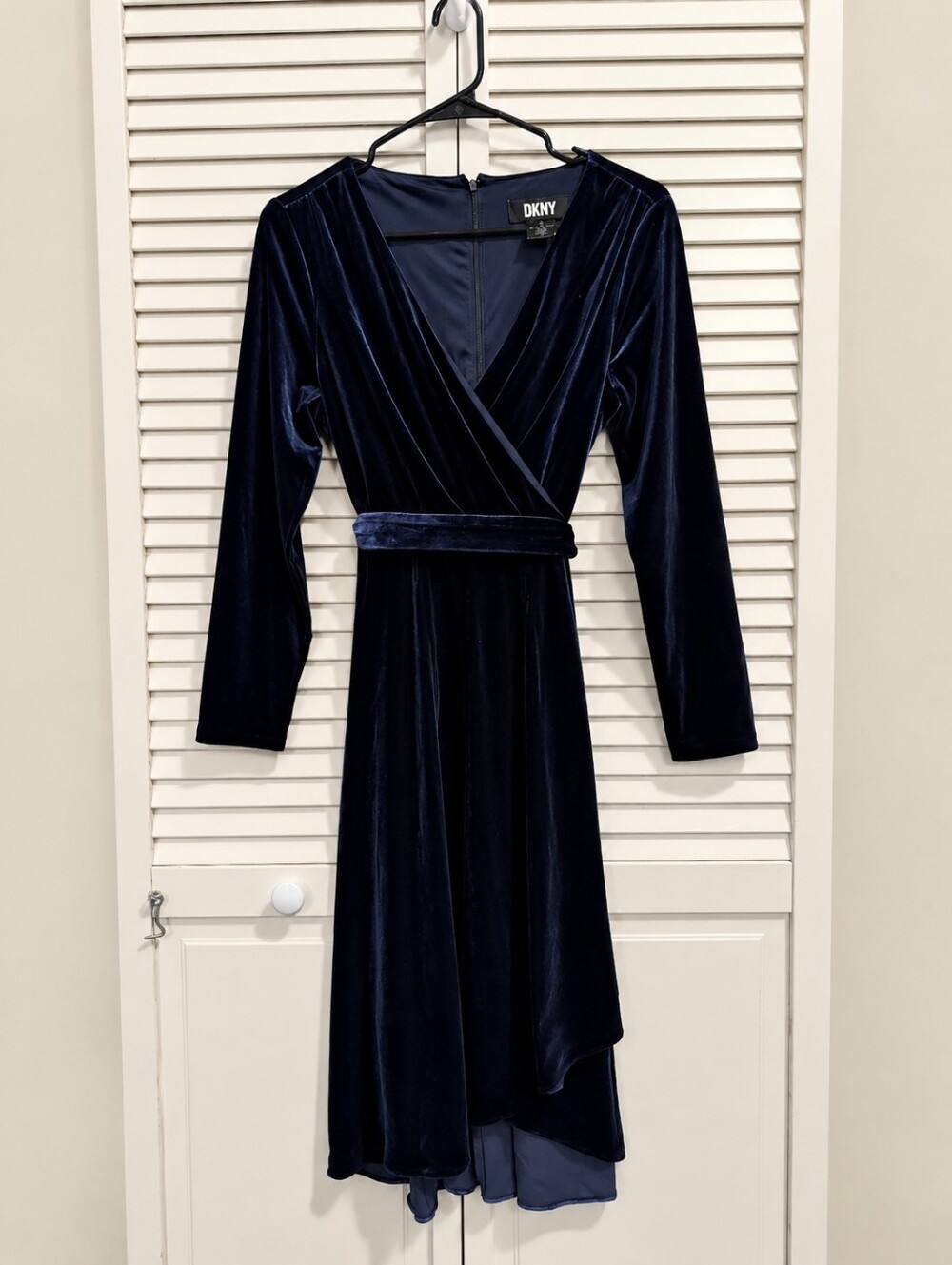 DKNY Navy Blue Velvet Wrap Midi Dress Long Sleeve Evening Holiday Dress